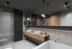 Bath design gray tiles with wood