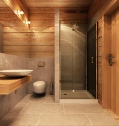 Interior of a bathroom with shower in a wooden house