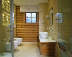 Interior of a bathroom with shower in a wooden house