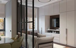 Interior with sliding doors kitchen with living room