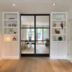 Interior with sliding doors kitchen with living room