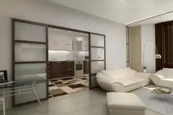Interior with sliding doors kitchen with living room