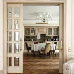 Interior with sliding doors kitchen with living room