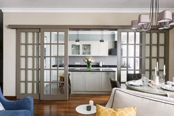 Interior with sliding doors kitchen with living room