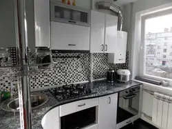 Kitchens in Khrushchev with a gas water heater and a refrigerator design 5