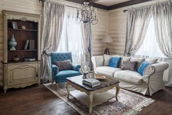 Sofas in the interior of a living room in a wooden house