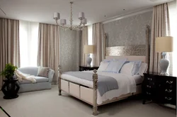 Curtains in the bedroom in the interior white wallpaper