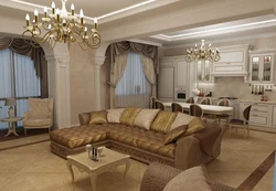 Interior of a kitchen living room in a house in a classic style