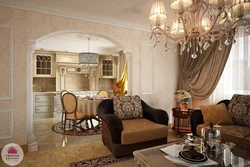 Interior of a kitchen living room in a house in a classic style