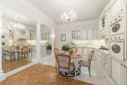 Interior of a kitchen living room in a house in a classic style