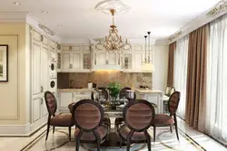 Interior of a kitchen living room in a house in a classic style