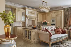 Interior of a kitchen living room in a house in a classic style