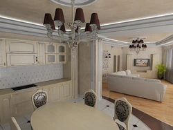 Interior of a kitchen living room in a house in a classic style