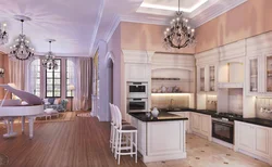 Классический дизайн кухни гостиной в светлых тонах фото