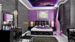 Bedroom interior with purple wallpaper photo