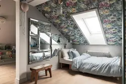 Attic bedroom with sloping ceiling design photo