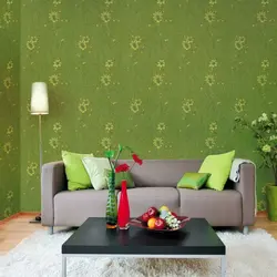 Green wallpaper for walls in the living room interior