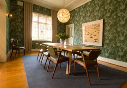 Green wallpaper for walls in the living room interior