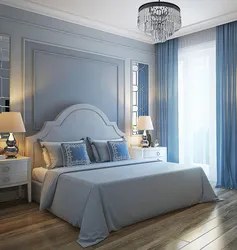 Blue and beige in the bedroom interior photo