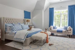 Blue and beige in the bedroom interior photo