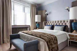 Blue and beige in the bedroom interior photo