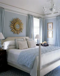 Blue and beige in the bedroom interior photo