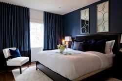 Blue and beige in the bedroom interior photo