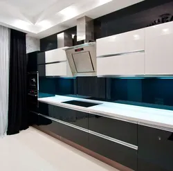 Kitchen interior with black and white apron photo