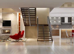 Design of a living room in a house with a photo staircase to the second floor