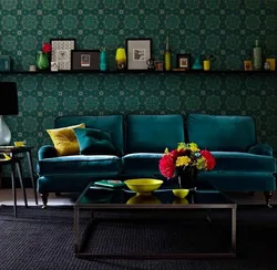 Living room interior in blue-green color