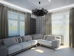 Living room interior with three windows