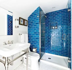 What color goes with blue in the bathroom interior