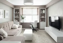Living Room Interior In An Apartment In Light Colors And Corner Sofas