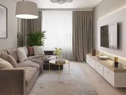 Living room interior in an apartment in light colors and corner sofas