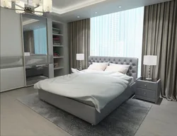 Bedroom interior with gray bed