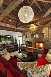 Living room with stone and wood photo