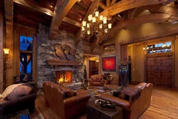 Living room with stone and wood photo