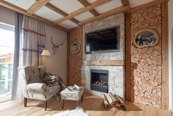 Living room with stone and wood photo