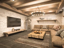 Living room wood and stone photo