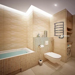 Bathroom design in beige tones small bathtub