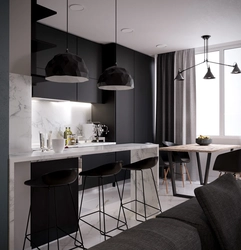 Kitchen living room interior in black tones