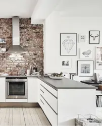 Interior white kitchen and brick