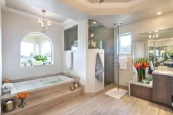 Bathroom interior with shower and bathtub in modern style
