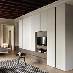Living room interior with a full-wall closet
