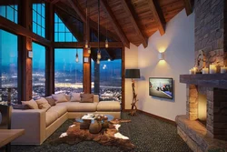 Living room design with panoramic windows in the house