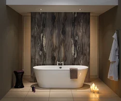 Bath design made of plastic panels and tiles