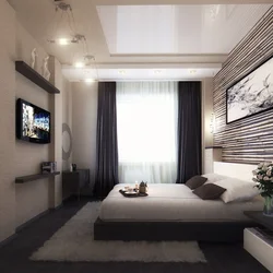 Bedroom design with a window and a balcony on one wall