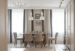 Gray beige curtains in the kitchen interior