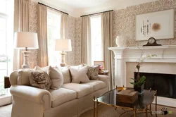 Curtains in a gray beige living room photo