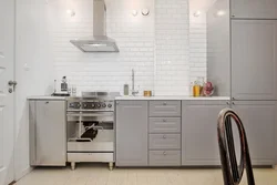 Loft kitchen design without upper cabinets